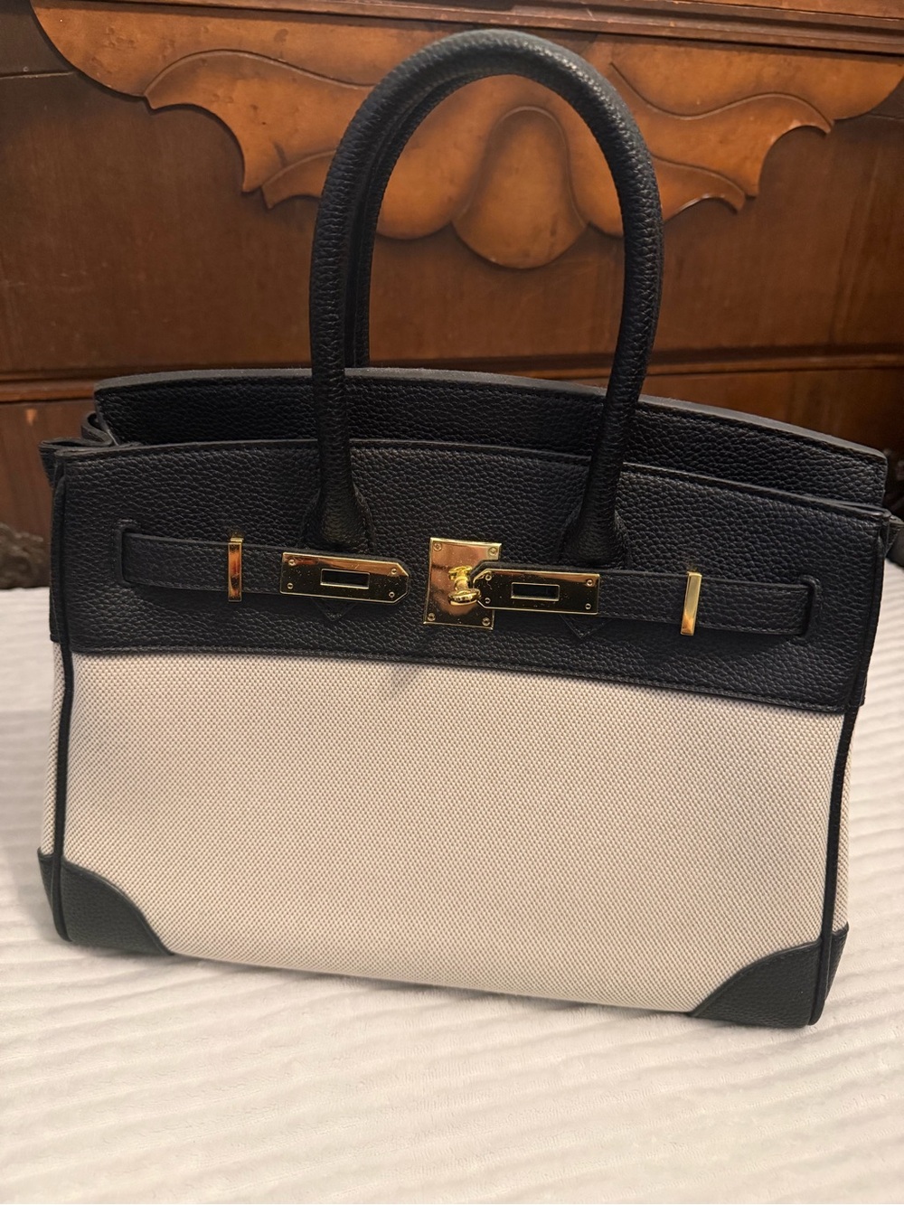 Black and Cream Structured Top-Handle Tote